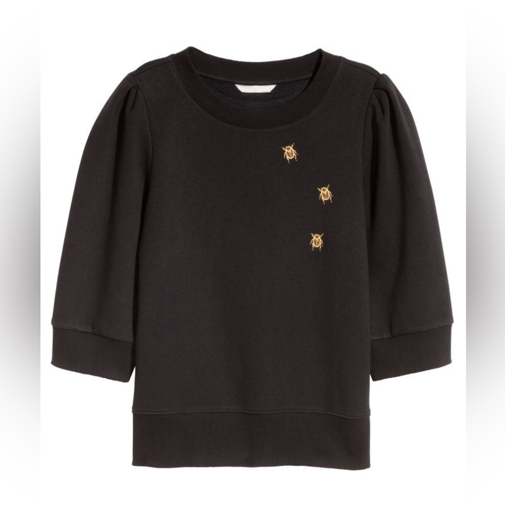 H&M - Black With Gold Beatles Embroidered Puff Short  Sleeve Sweatshirt Size XS
